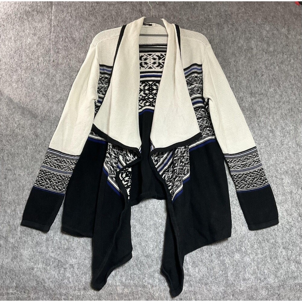 NYDJ Sweater Womens Medium Black Cream Open Front Waterfall Cardigan Fair Isle
